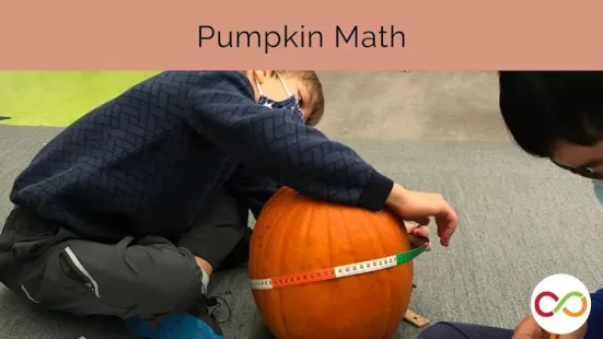 A student measuring a pumpkin with a measuring tape. A title reads, "Pumpkin Math".