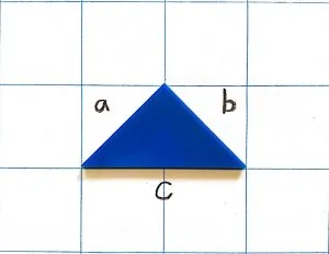 A triangle on grid paper with the letters a, b, and c labelled on each side.