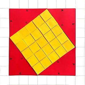 Four red triangles forming a box on a grid. The square is filled with 25 smaller yellow boxes.