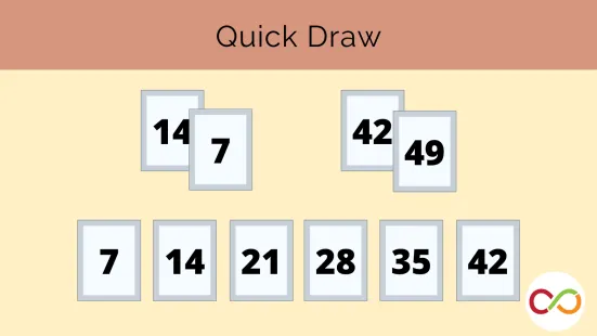 Two sets of numbers stacked, with size in a row at the bottom. A title reads, "Quick Draw".
