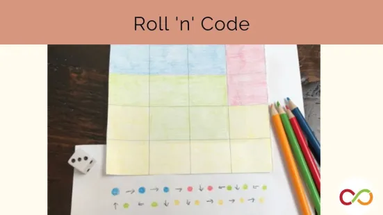 Various colours in a grid. A title reads, "Roll 'n' Code".