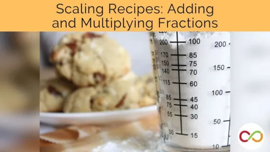 A measuring cup filled with flour and cookies in the background. A title reads, "Scaling Recipes: Adding and Multiplying Fractions".