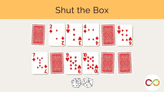 Ten cards in two rows, with some being face up and face down, and a pair of dice at the bottom. A title reads, "Shut the Box".