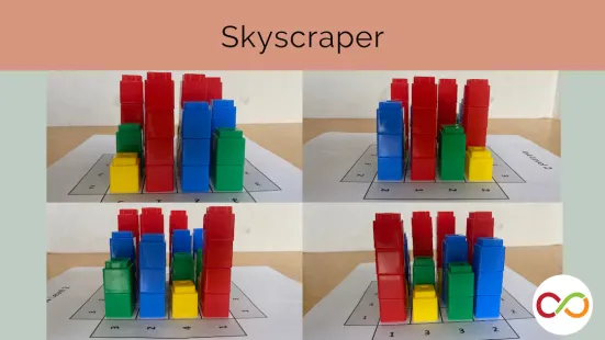 Four images of skyscrapers built with blocks. A title reads, "Skyscraper".