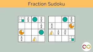 Two sudoku boards with fractions and shapes. A title reads, "Fraction Sudoku".