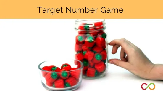 Someone pointing at a jar filled with pumpkin candies. A bowl of pumpkin candies is in front of it and a title reads, "Target Number Game".