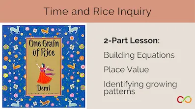"One Grain of Rice" book cover and a 2-part lesson plan. A title also reads, "Time and Rice Inquiry".