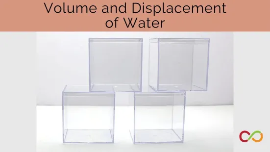 Four plastic containers stacked. A title reads, "Volume and Displacement of Water".