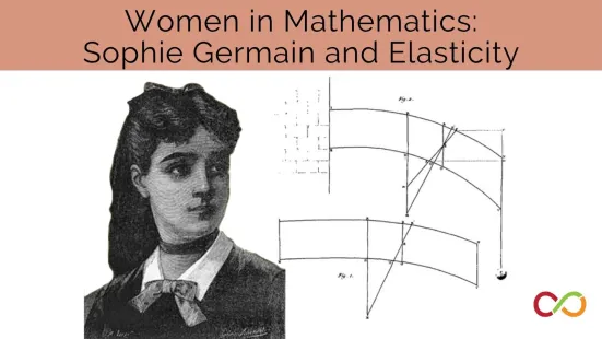 A photo of Sophie Germain with a some math lines. A title reads, "Women in Mathematics: Sophie Germain and Elasticity".