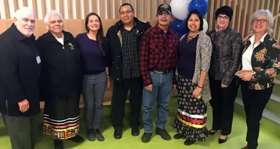 OISE special advisor Charles Pascal, Elder Nancy Jones, TakingITGlobal Director Jennifer Courier, RRDSB Language Consultant Jason Jones, Elder Mike Kabatay, Tracy Kabatay and Robertson Director Bev Caswell