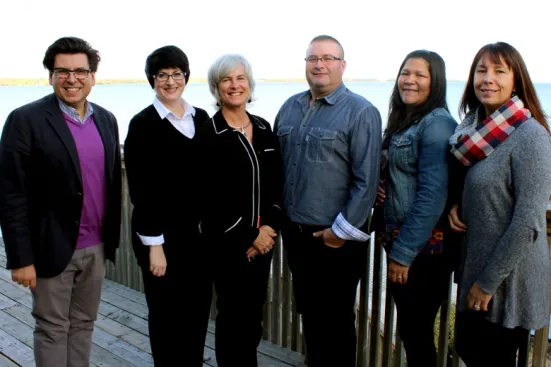 Conference executive team: Richard Messina (JICS), Heather Campbell (RRDSB), Bev Caswell (Robertson Program), Brent Tookenay, Shelly Jones and Aimee Beazley (7 Generations), absent from photo is Angela Mainville (RRDSB/7 Generations)