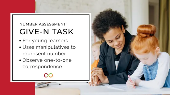 An instructor helping a student, with a title that reads, "Number Assessment, Give-N Task".