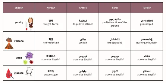 A table showing various scientific terms and their English translations.