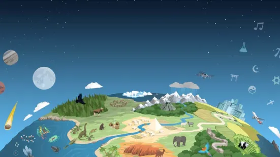 Illustrated map with animals, dinosaurs, landmarks, and a starry night sky