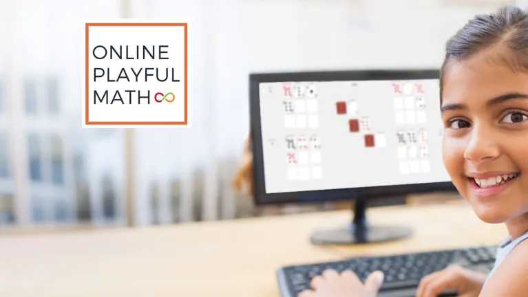 A student looking at the camera while typing on a keyboard. A title reads, "Online Playful Math".