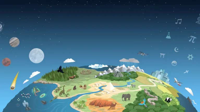 Stylized Earth illustration with diverse ecosystems—forests, mountains, deserts, oceans—beneath a sky filled with planets, the moon, a galaxy, and science and math symbols.